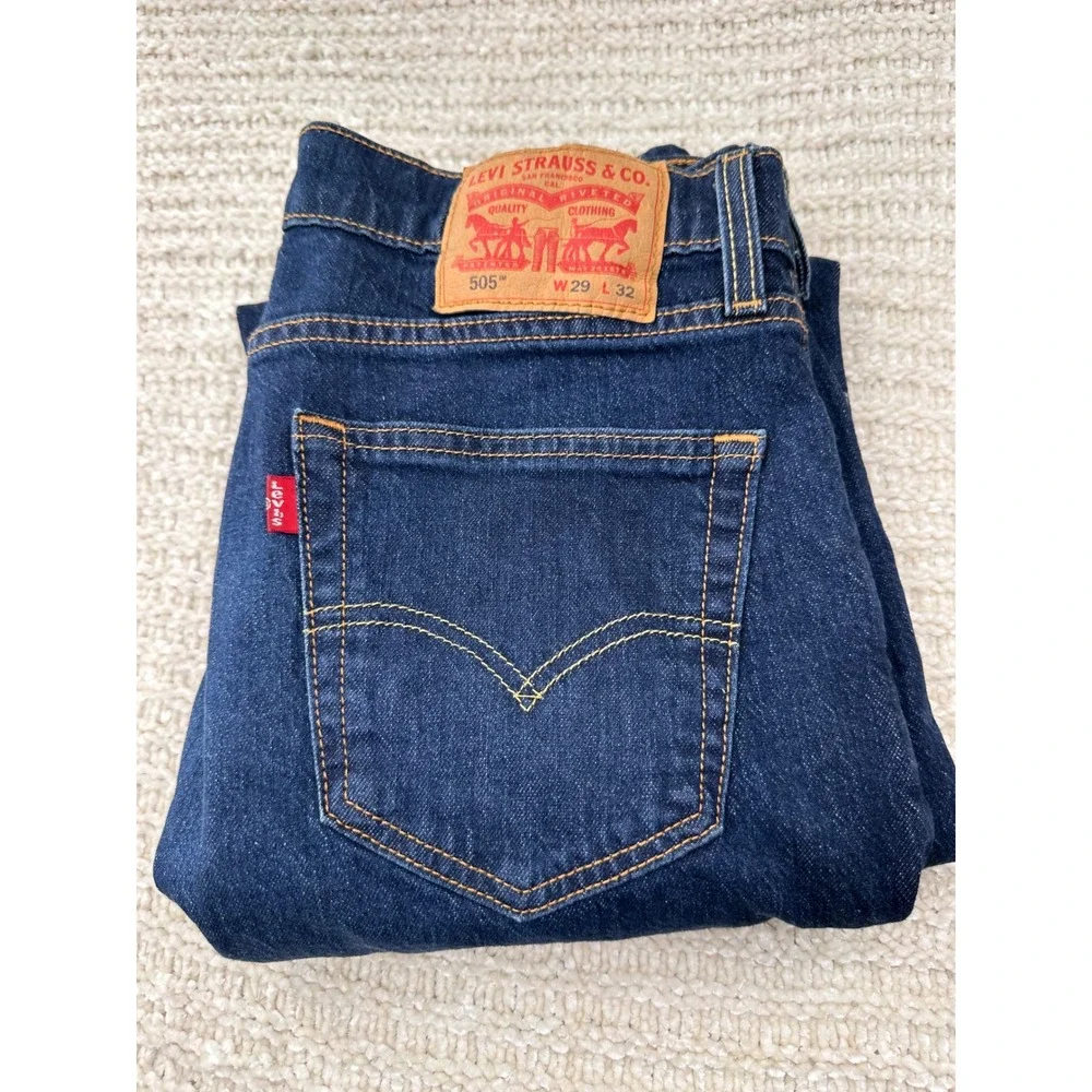 Levi 505 Mens Jeans Regular Fit Straight Leg Dark Wash Blue Denim Pants 30x31‎